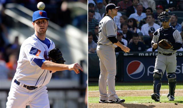 At left, John Maine shines for the Mets while, at right, Joba Chamberlain has a second inning chat with Jorge Posada